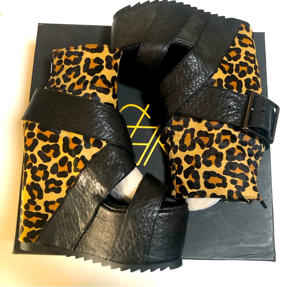YES by Solestruck Fluorite leather cheetah calf hair platform peep toe sandals